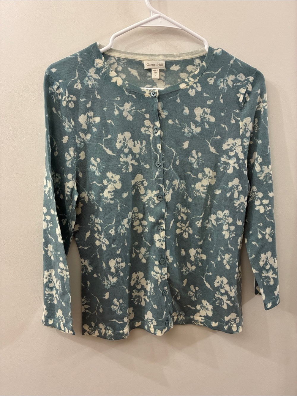 Garnet Hill Teal Floral Button-Front Women's cardigan - 100% merino wool - small
